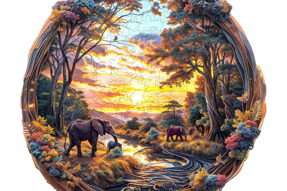 Holzpuzzle – Elefant bei Sonnenuntergang 66da3b1d80cab