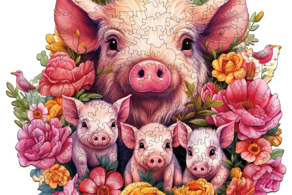 Holzpuzzle-Mutterschwein und Ferkel-2 66dd930847369