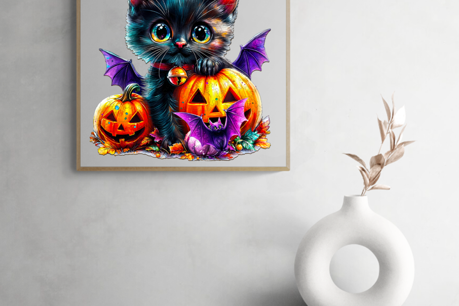 Bezauberndes Halloween-Puzzle: Entzückende schwarze Katze mit Kürbissen und Fledermäusen 66e2617eea438